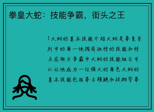 拳皇大蛇：技能争霸，街头之王